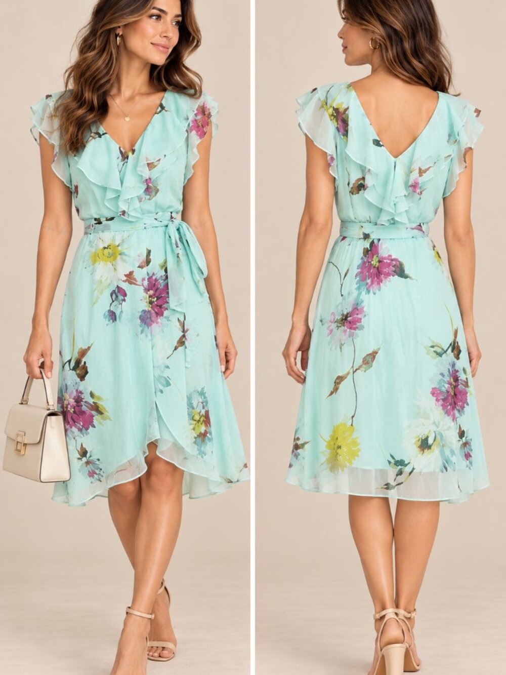 DKNY Aqua Floral Chiffon Ruffle Faux Wrap Dress Size 4
